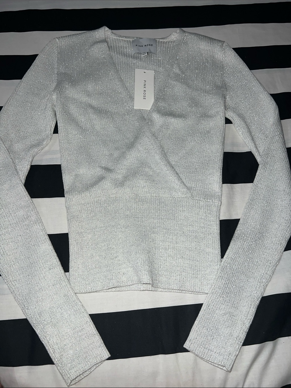 Pink Rose Metallic Silver V-Neck Long Sleeve Knit Top